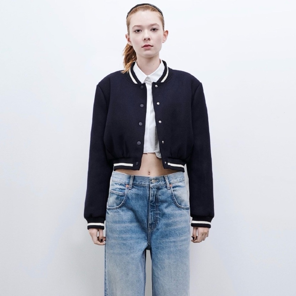 Zara Dark Blue Bomber Jacket with White Details - Picture 1 of 9